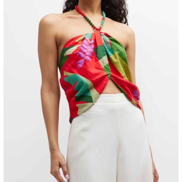 NWT $135 Farm Rio Heliconia Halter Crop Top in Heliconia Red - size X-Large! - Picture 1 of 8